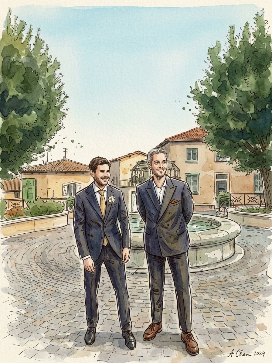 Jérémie et Victor sur la place du village